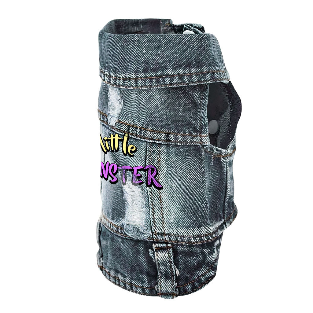 Little Monster Dog Denim Vest - Unique Dog Denim Jacket - Word Print Dog Clothing