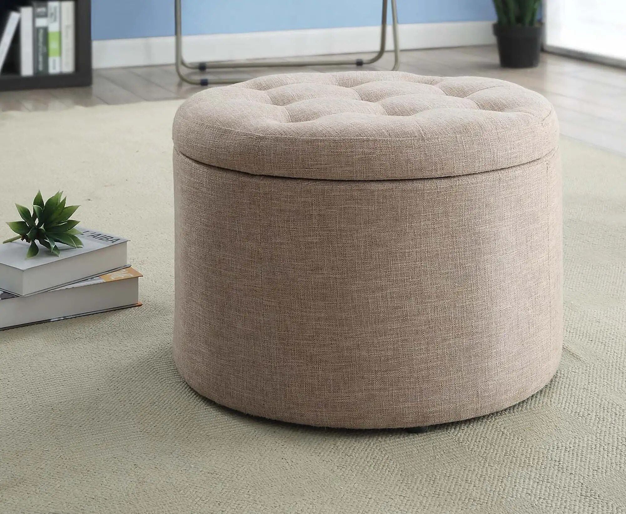 Elegant Tan Fabric Round Ottoman with Shoe Storage and Removable Lid