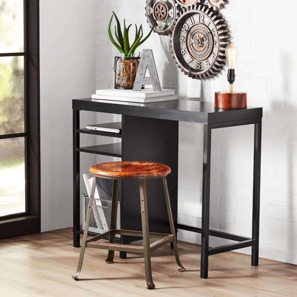 Modern Black Metal Frame Computer Desk with Cube Storage and Open Shelves