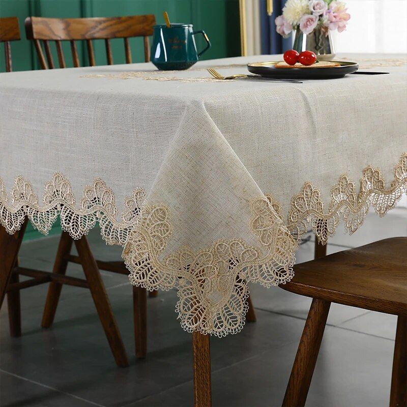 Elegant Beige Embroidered Lace Tablecloth