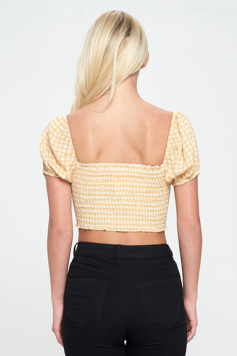 Gingham printed cap sleeve smocked crop top