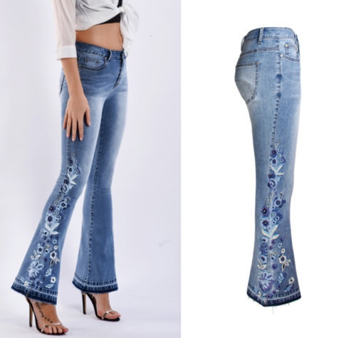 Womens Chic Floral Embroidered High-Rise Bell Bottom Flare Jeans Broad, Denim