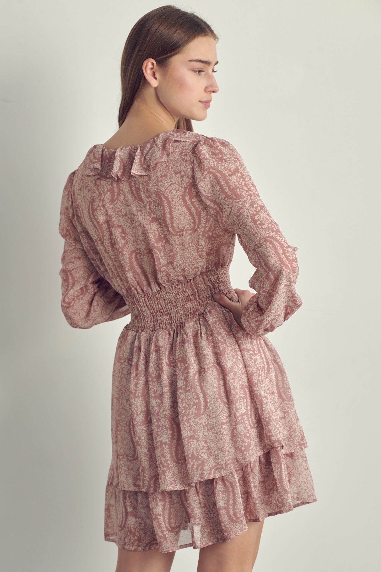 Ruffled neckline smock waisted long sleeve dress