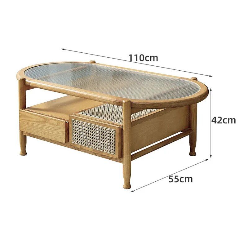 Modern Oval Ash Wood Tea Table with Rattan Weave and Storage