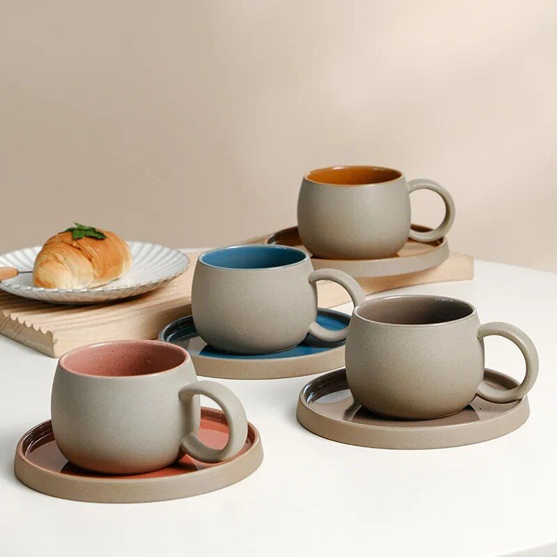 Japanese Style Ceramic Coffee Cup Set - Retro Rough Pottery Mugs and Plates for Afternoon Tea and Breakfast