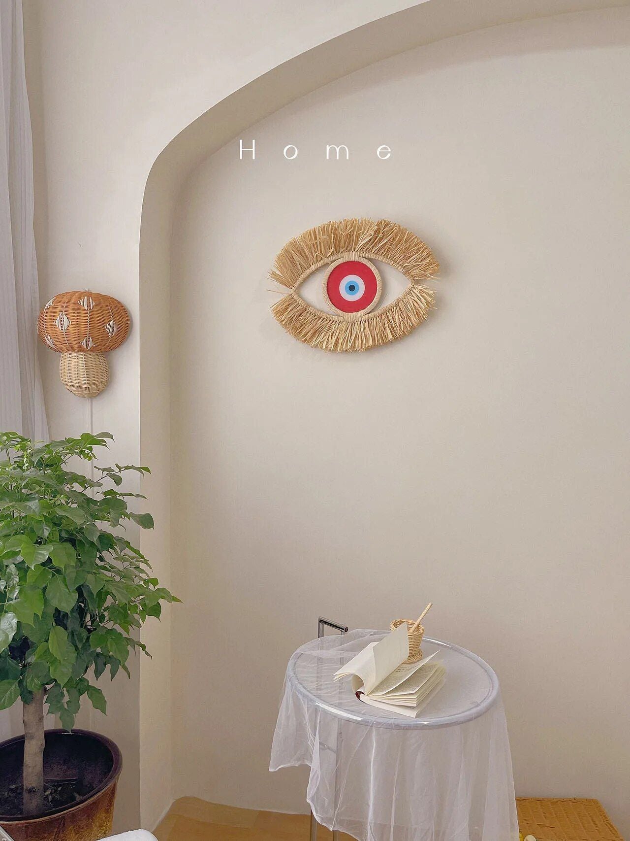 Moroccan Evil Eye Wall Hanging - Handwoven Raffia & Wood Bead Art Decor