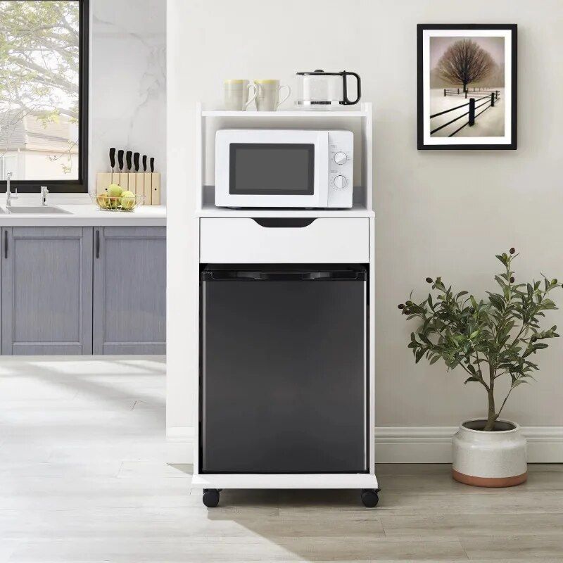 Compact White Kitchen Cart with Microwave & Mini Fridge Storage