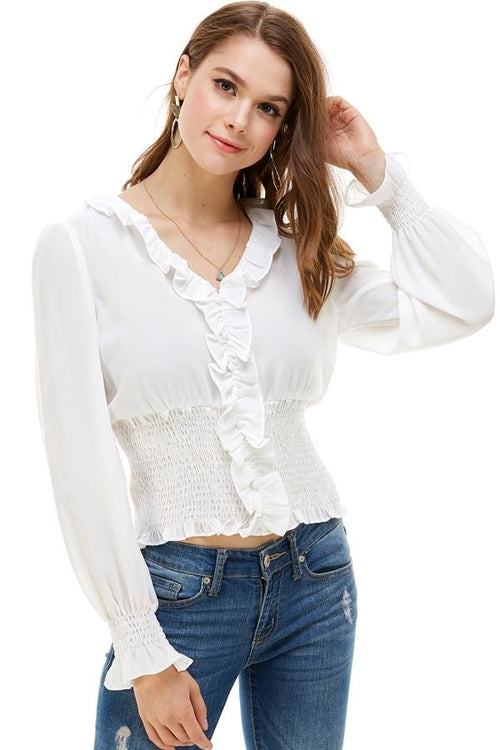 Ruffle Neck Smock Waist Long Sleeve Blouse