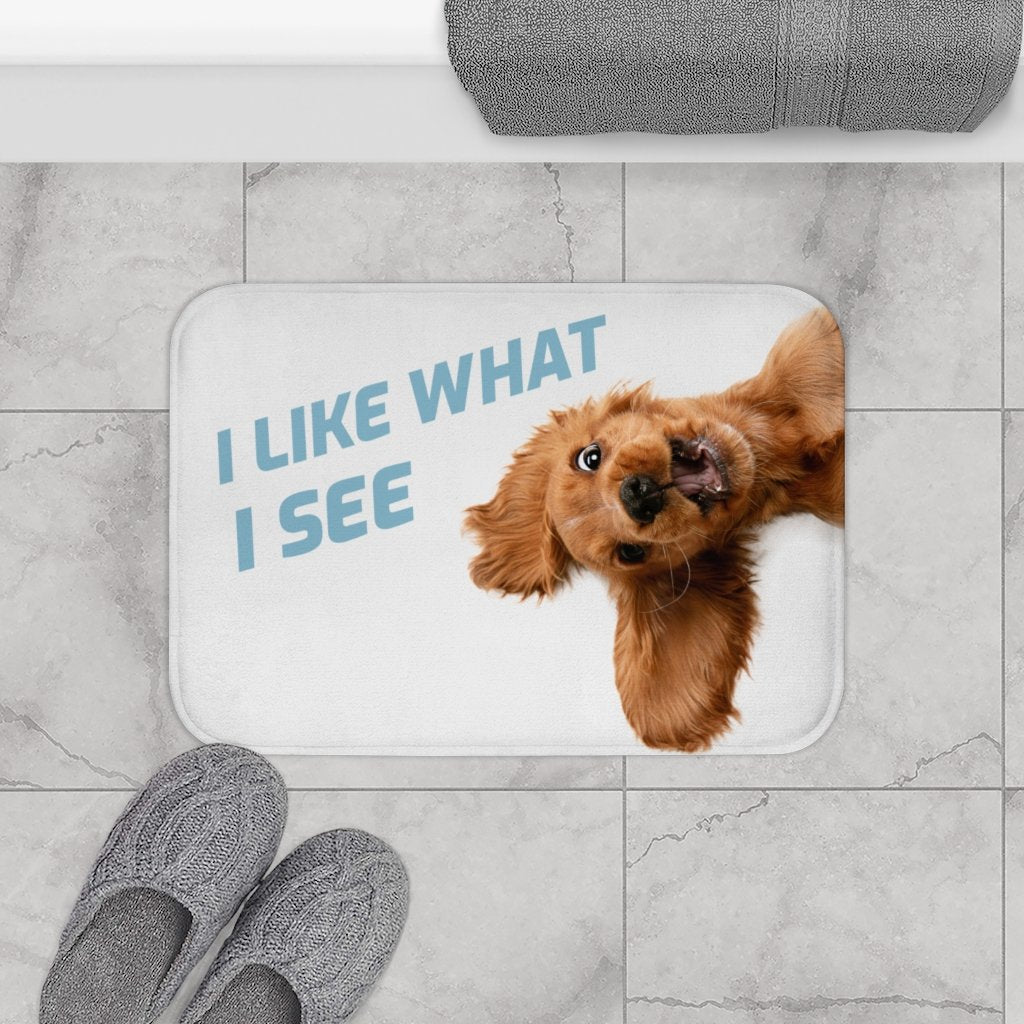 Funny Dog Looking Up Bath Mat | Yellow Pandora