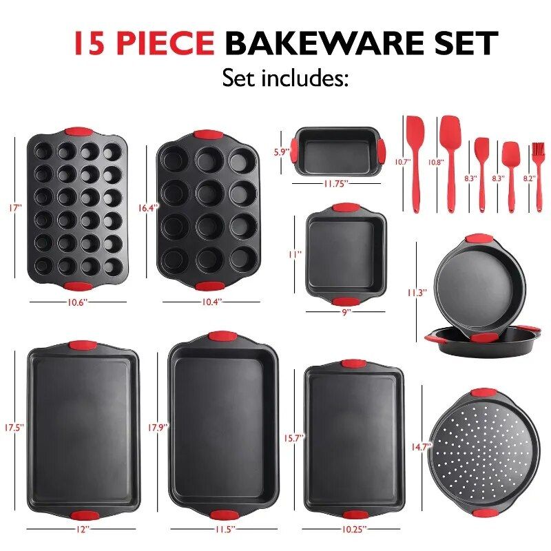 Deluxe Nonstick Carbon Steel 15-Piece Bakeware Set with Silicone Handles