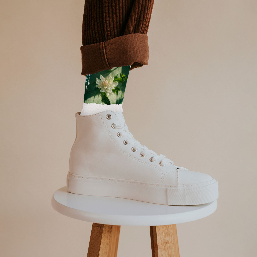 White Dahlia Flower Socks - Art Novelty Socks - Printed Crew Socks