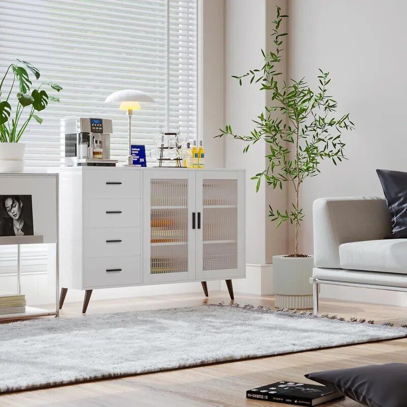 Elegant White Sideboard Buffet Cabinet with Tempered Glass Doors and Adjustable Shelves