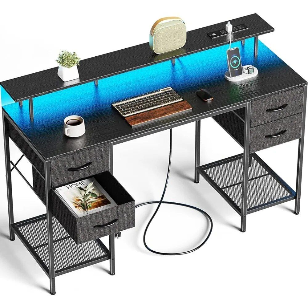 55-inch Multifunctional Computer Desk with LED Lighting and Power Outlets