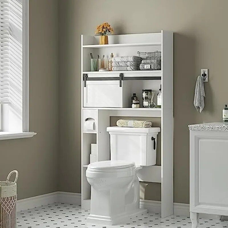 Elegant White 6-Tier Over-The-Toilet Storage Cabinet with Sliding Barn Door