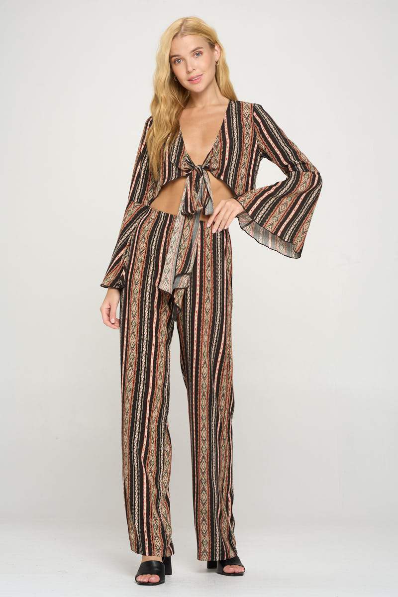 Cropped Boho Printed Bell Sleeved Cardigan And Palazzo Pant Set