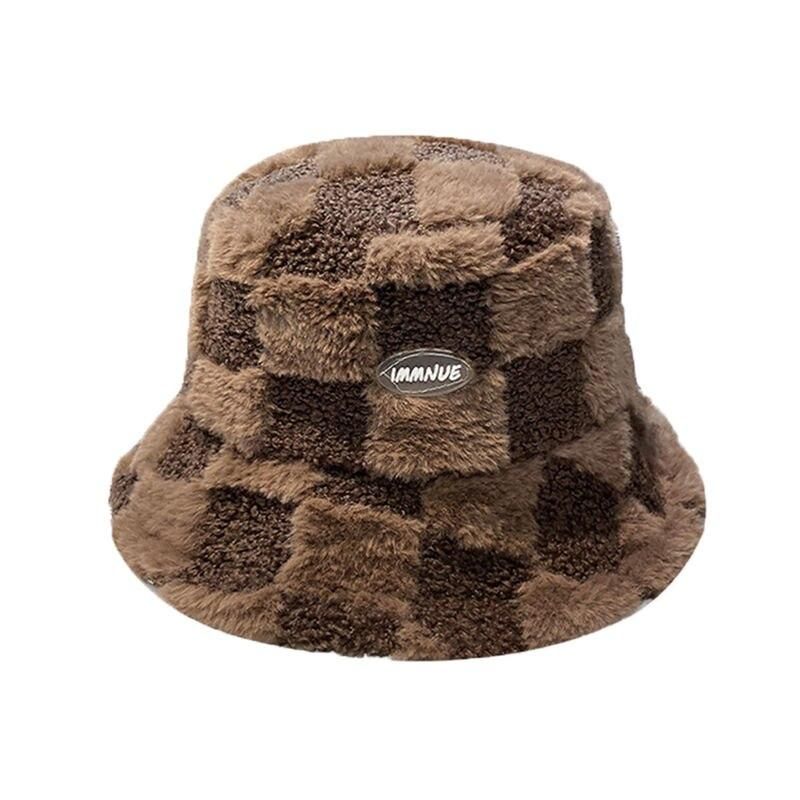 Chic Winter Warm Plaid Lamb Wool Bucket Hat for Women