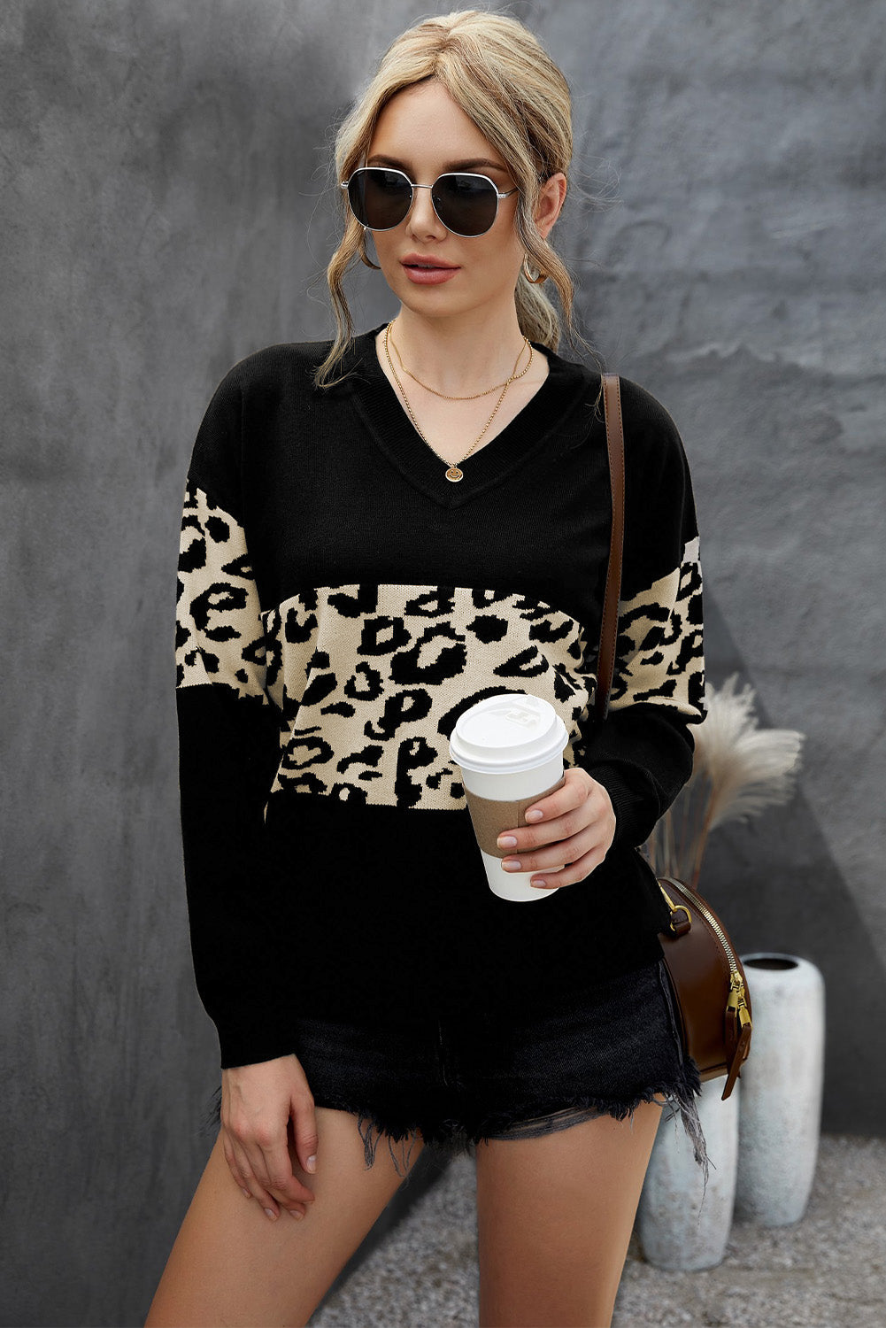 Leopard Color Block Dropped Shoulder Sweater