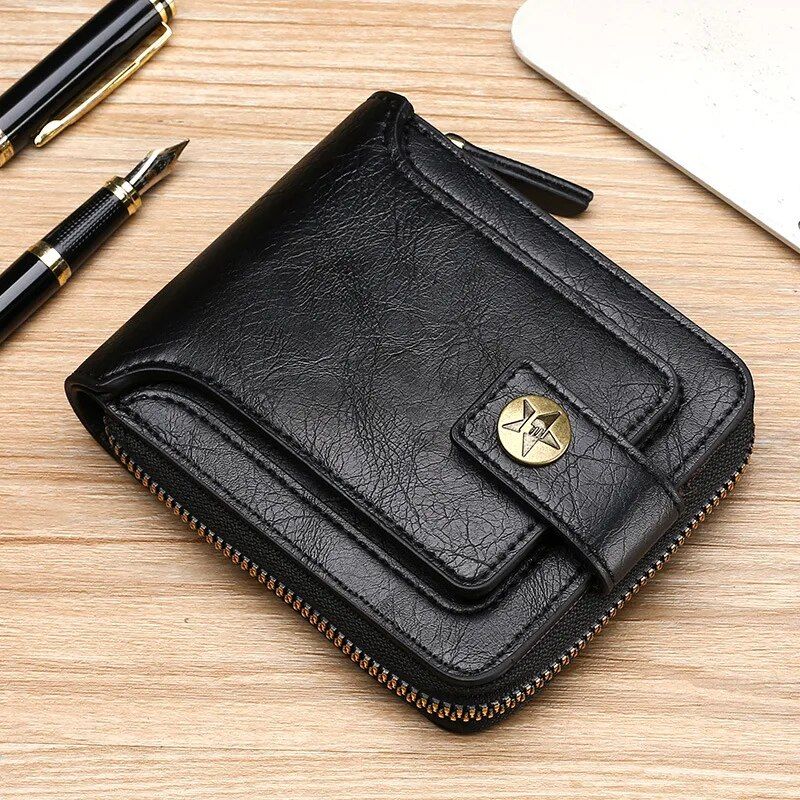 Classic Vintage Men's PU Leather Short Wallet with Zipper & Hasp Closure