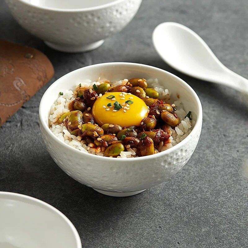 Elegant White Ceramic Rice Bowl Set