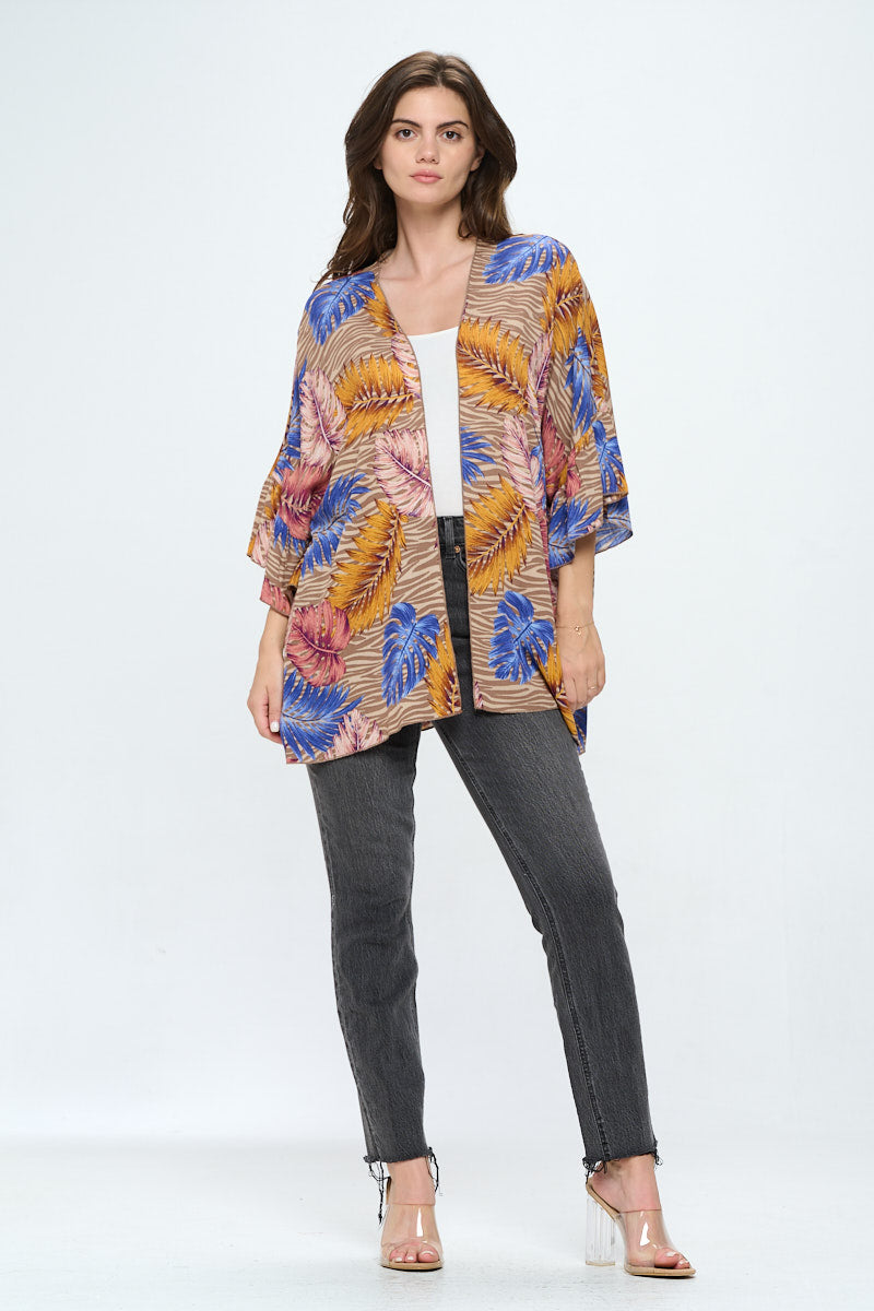 Ruffle sleeves loose fit kimono in tropical print