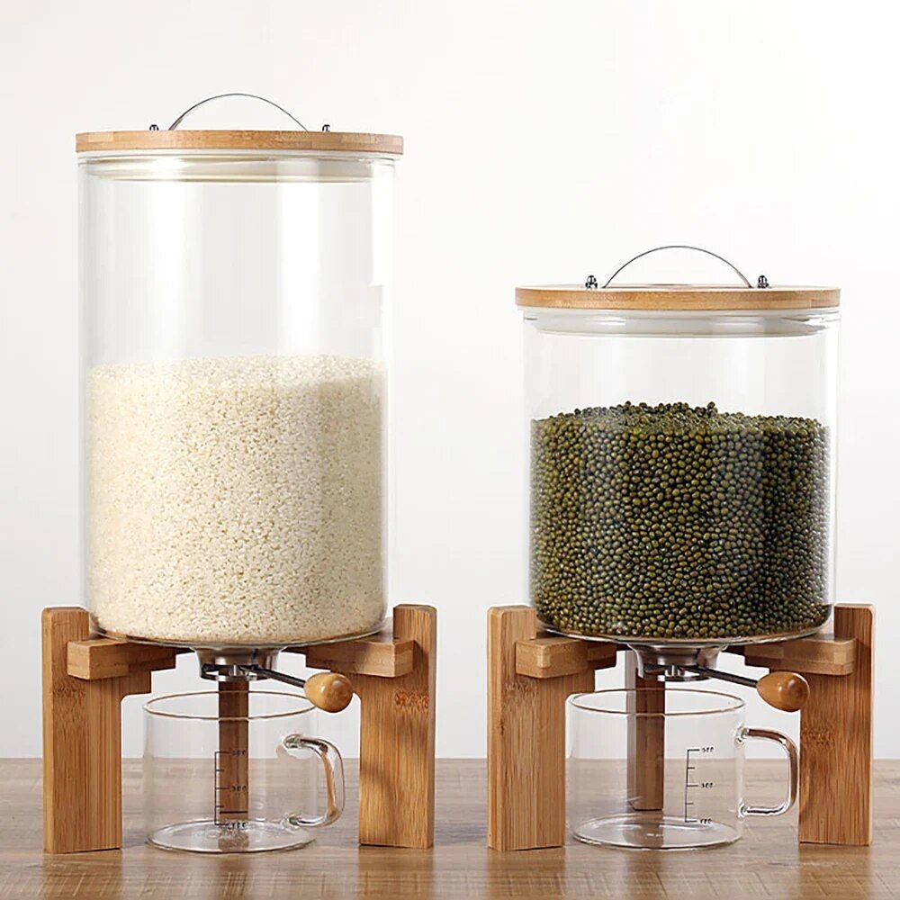 Modern Glass and Bamboo Food Storage Dispenser for Kitchen Organization - 5L/7.5L Capacity