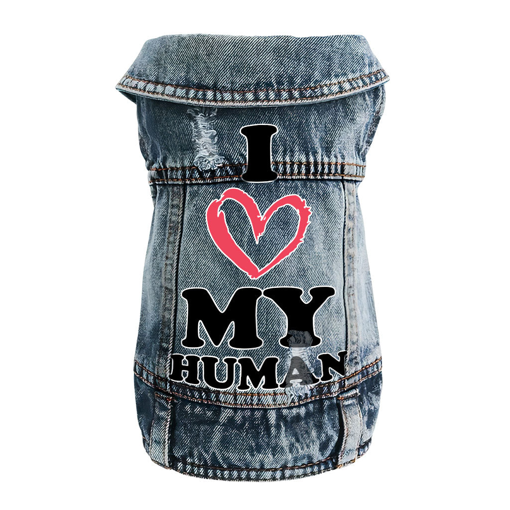 I Love My Human Dog Denim Vest - Text Design Dog Denim Jacket - Heart Dog Clothing