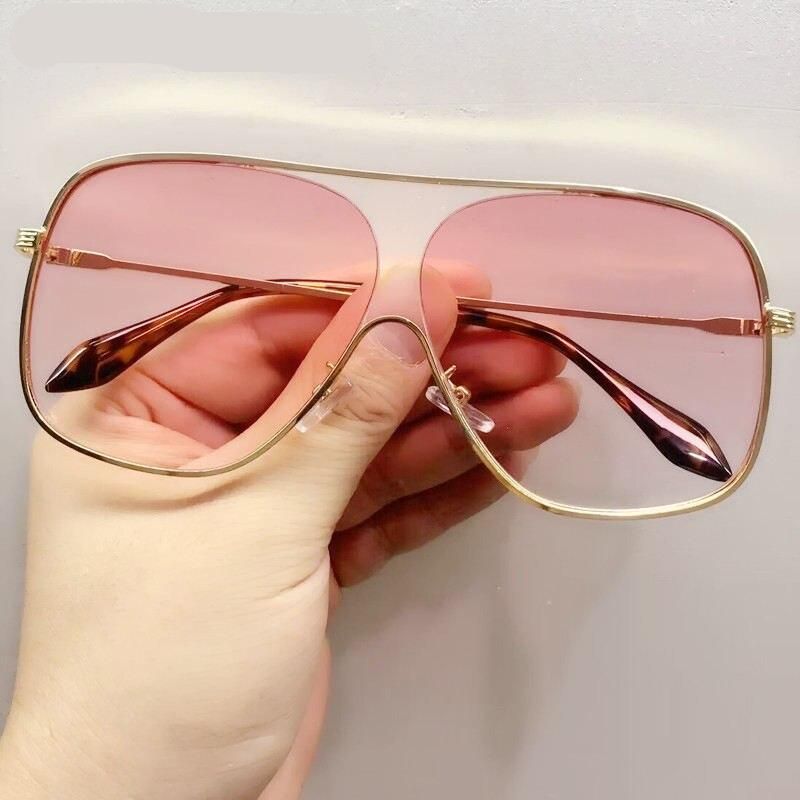 Chic Oversized Square Pilot Sunglasses - Unisex Metal Half Frame with Pink Gradient Lenses