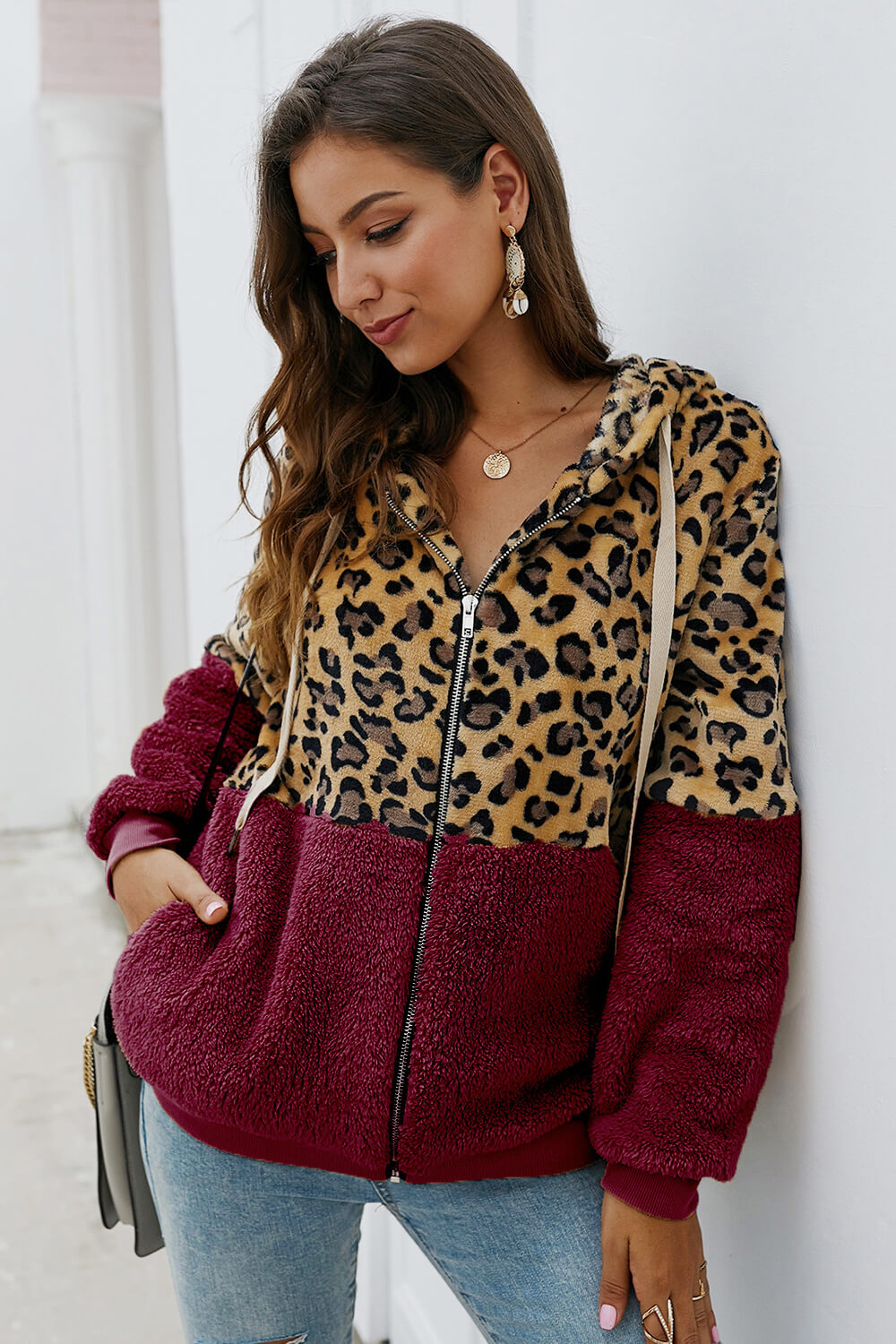 Leopard Color Block Zip Up Hooded Teddy Jacket