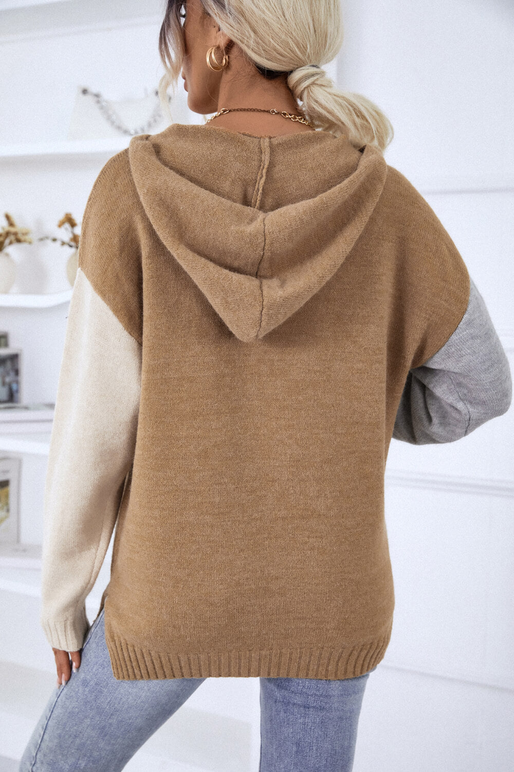 Contrast Side Slit Hooded Sweater (more color options)