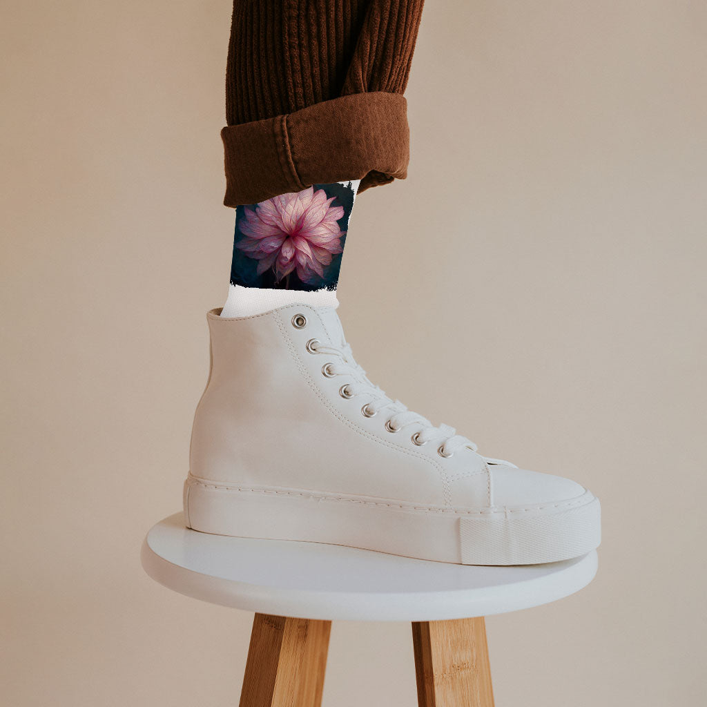 Dahlia Flower Painting Socks - Nature Novelty Socks - Unique Crew Socks