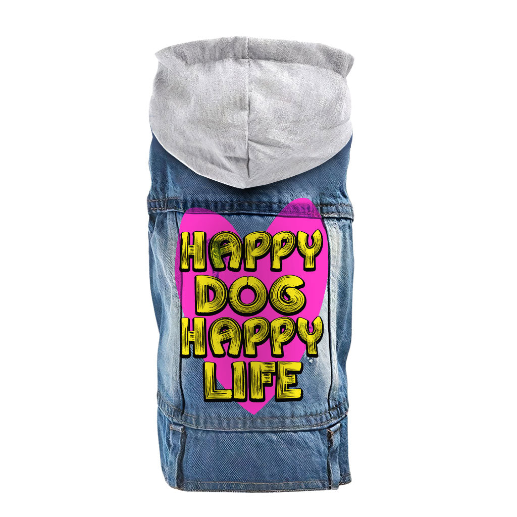 Happy Dog Happy Life Dog Denim Jacket - Phrase Dog Denim Coat - Art Print Dog Clothing