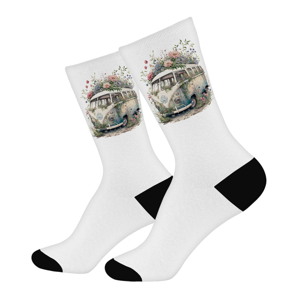 Bus Socks - Floral Design Novelty Socks - Graphic Crew Socks