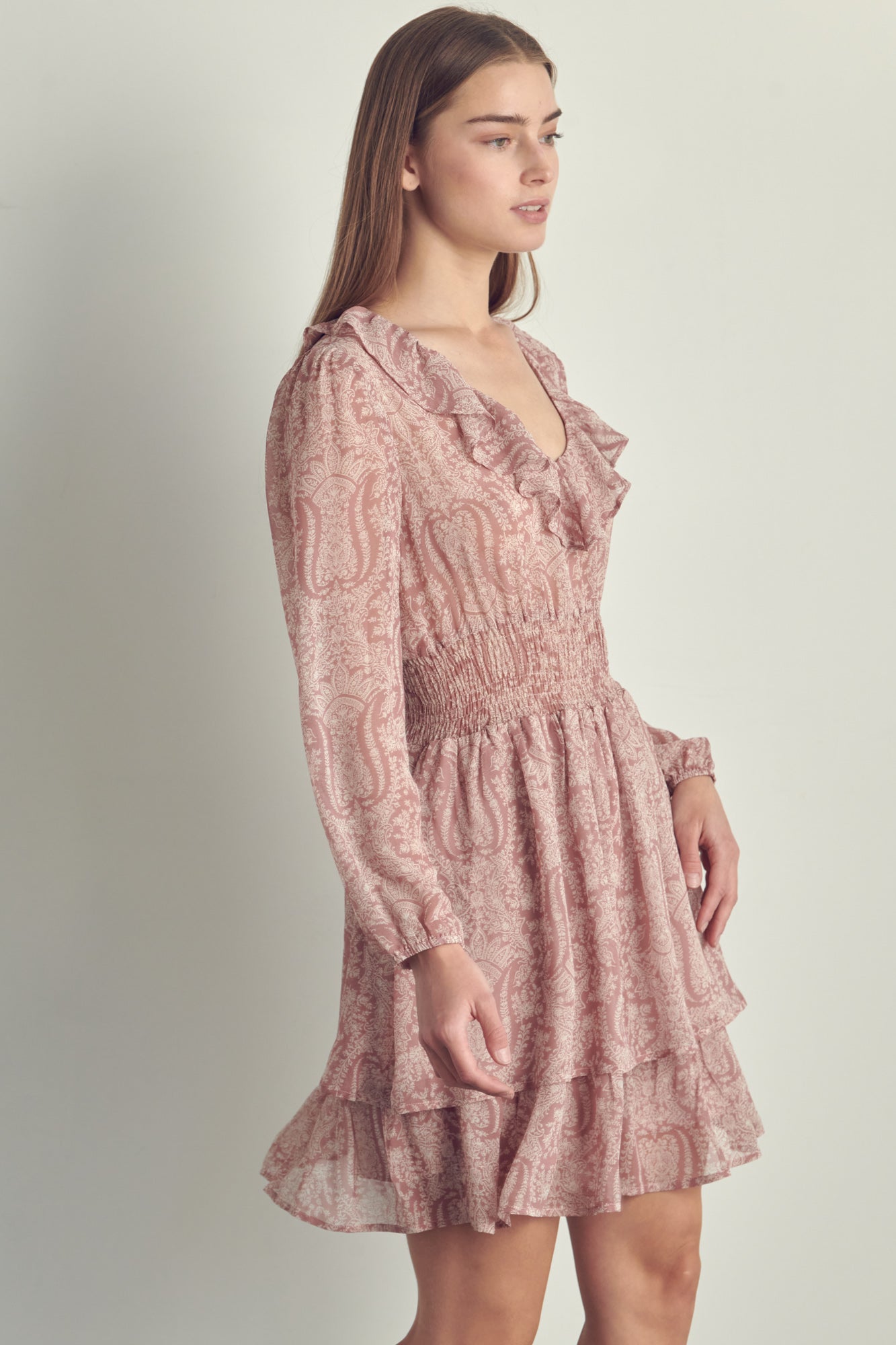 Ruffled neckline smock waisted long sleeve dress