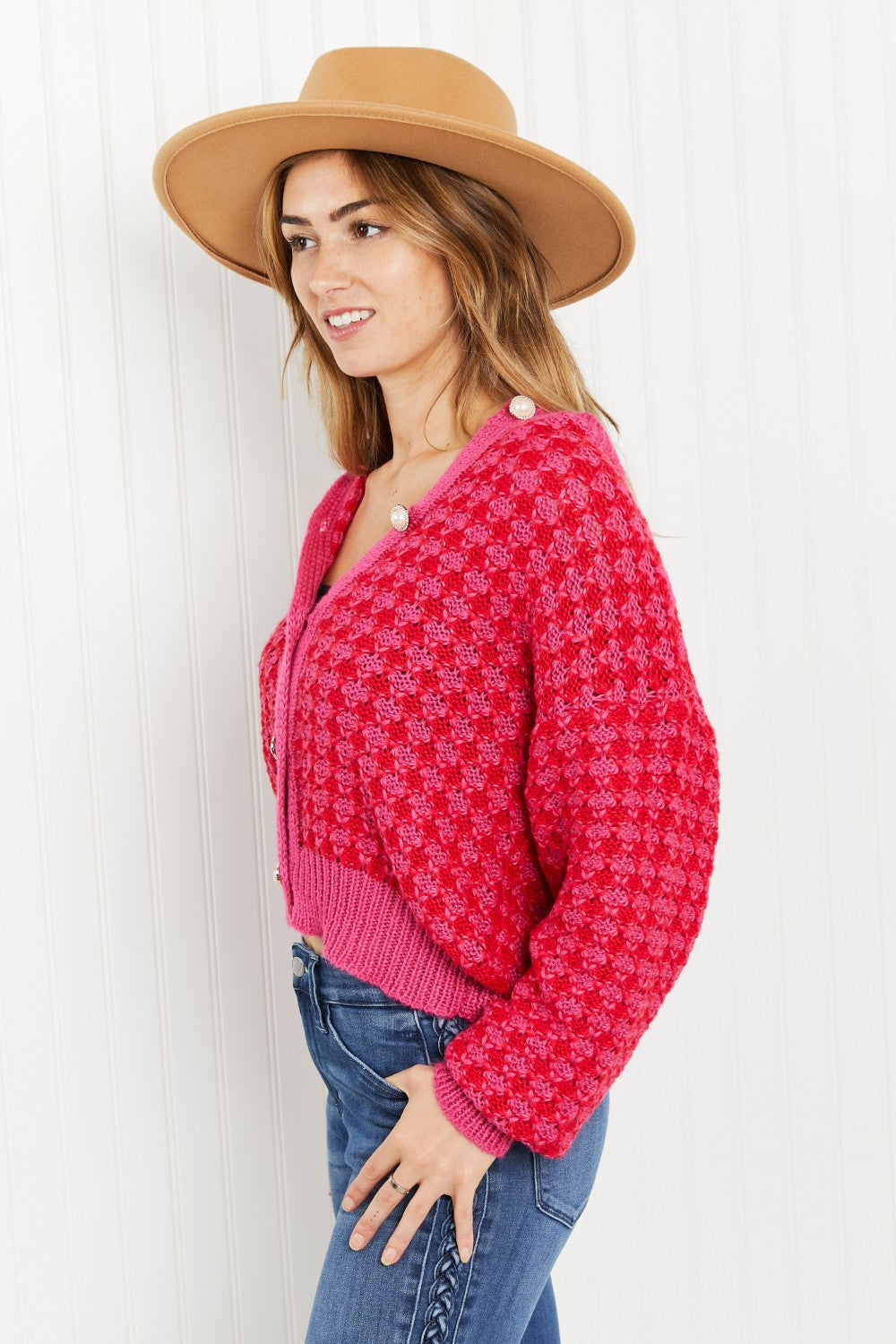 London Life Tweed Cardigan in Hot Pink