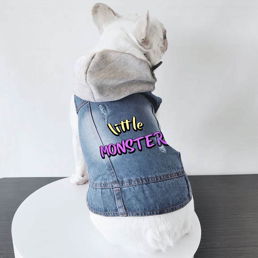 Little Monster Dog Denim Jacket - Unique Dog Denim Coat - Word Print Dog Clothing