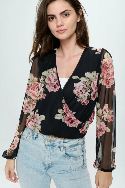 Floral mesh surplice blouse