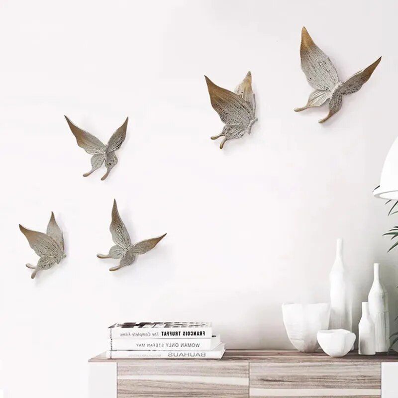 Elegant 5-Piece White & Gold 3D Butterfly Wall Decor - Resin Sculptures for Home