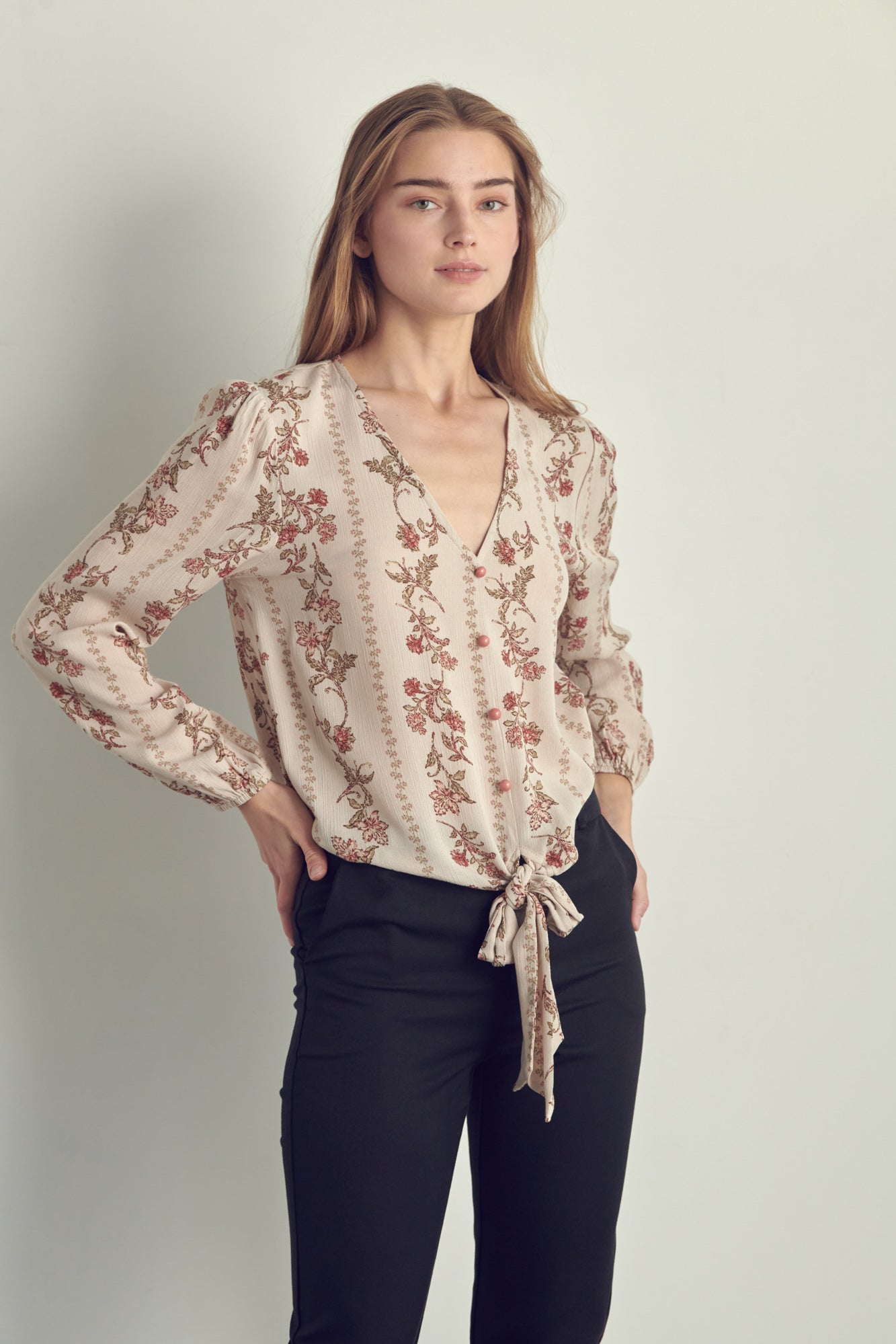 Tie front button detail long sleeve top