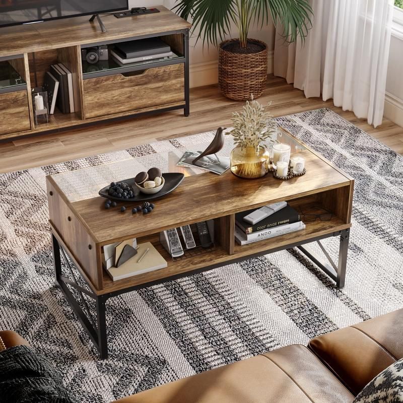 Rustic Oak Coffee Table with LED Lighting and Glass Shelf