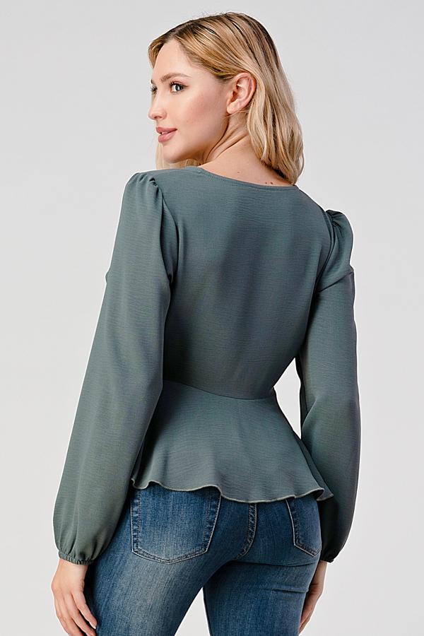 Surplice Tie Waist Long Sleeves Peplum Hem Blouse