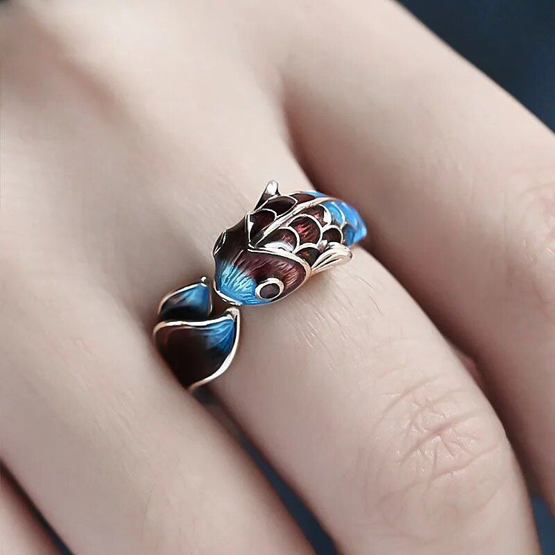 Elegant Silver Enamel Koi Fish Adjustable Ring - Sparkling Cocktail Jewelry for Women