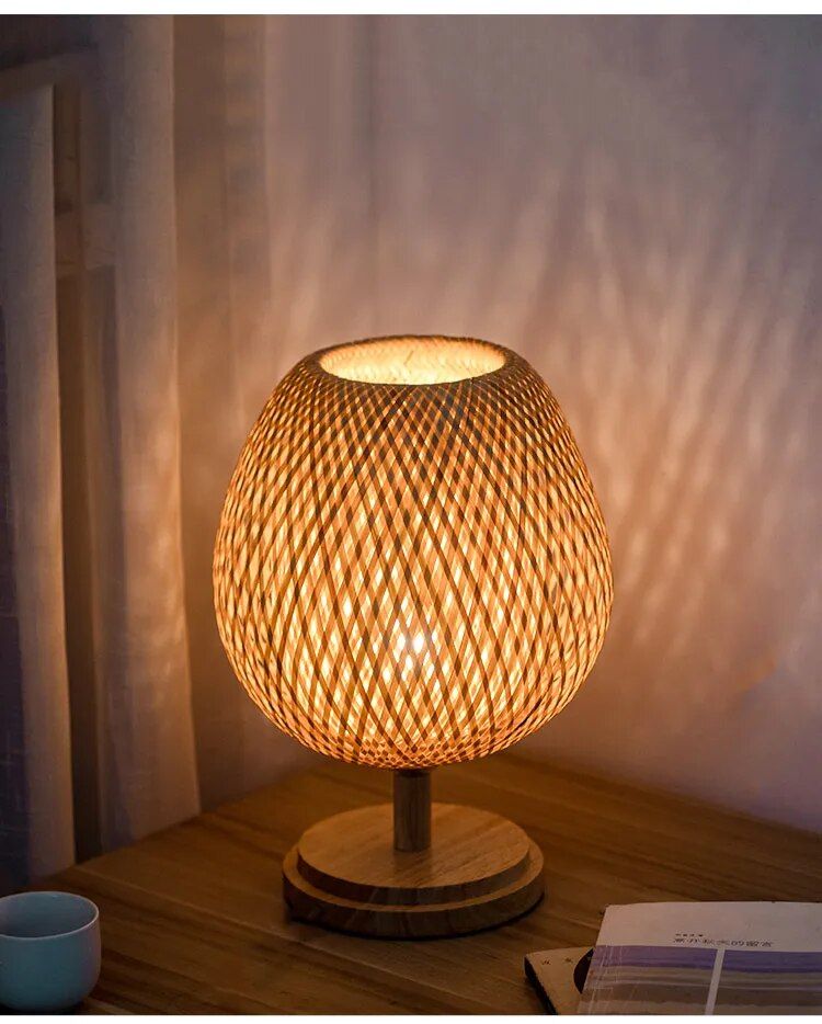 Handwoven Bamboo & Rattan Table Lamp: Retro Japanese-Style Bedside Lighting