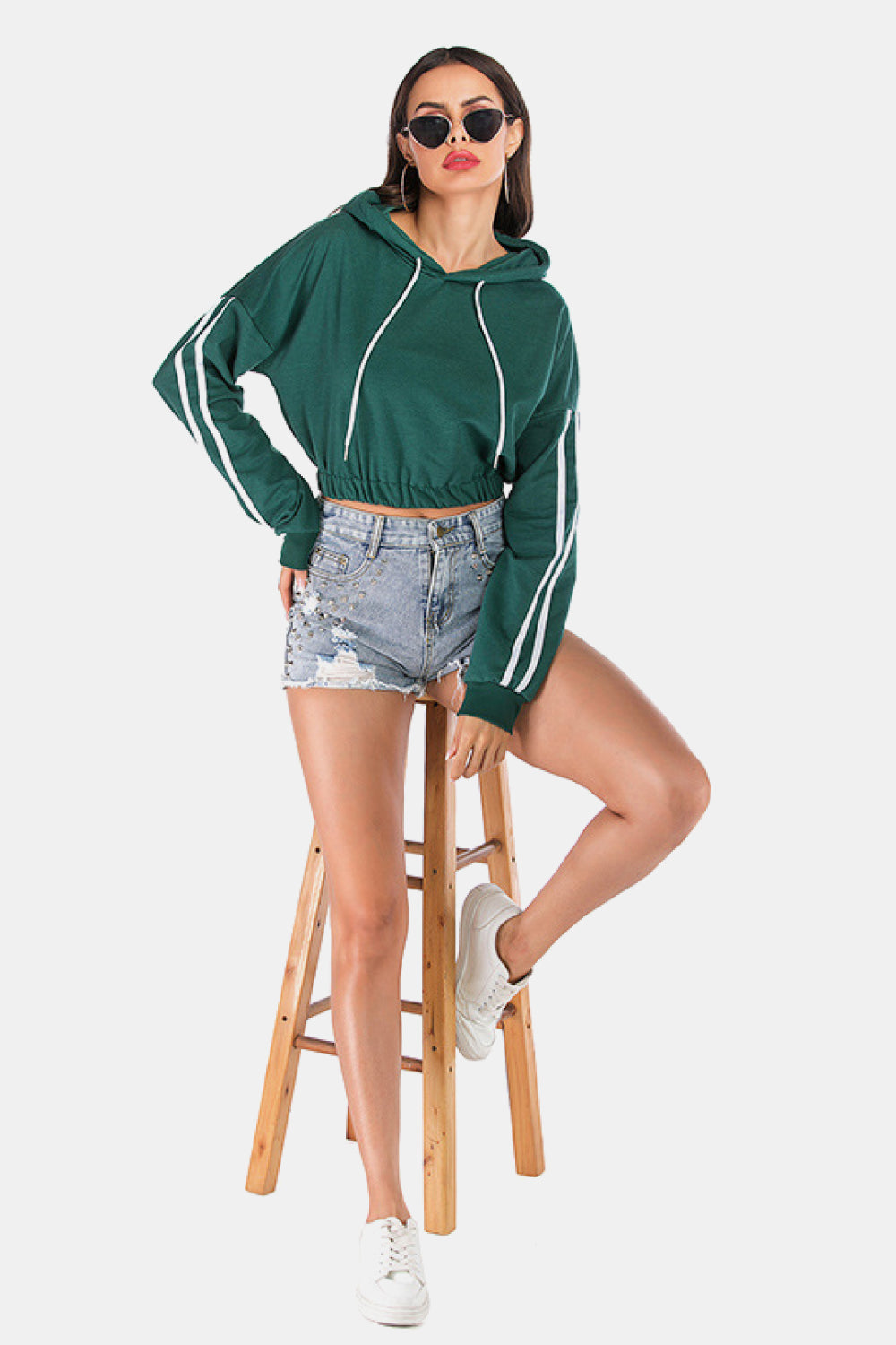 Full Size Side Stripe Elastic Waist Cropped Hoodie