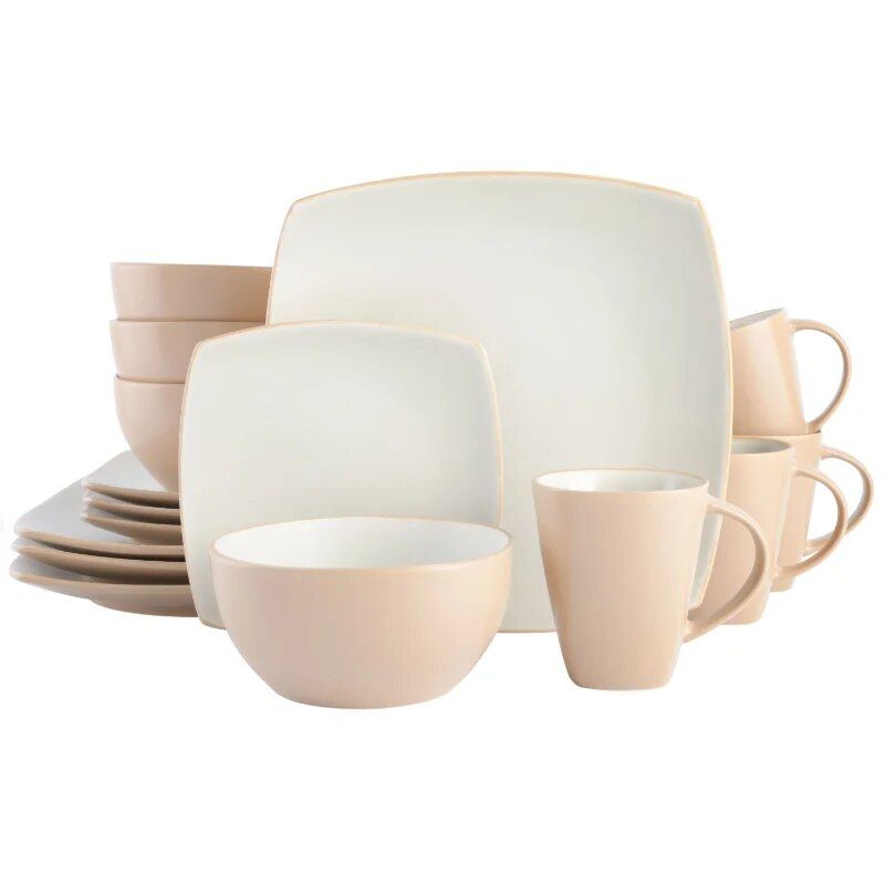 Modern Square Stoneware 16-Piece Dinnerware Set, Soho Lounge Sand Collection