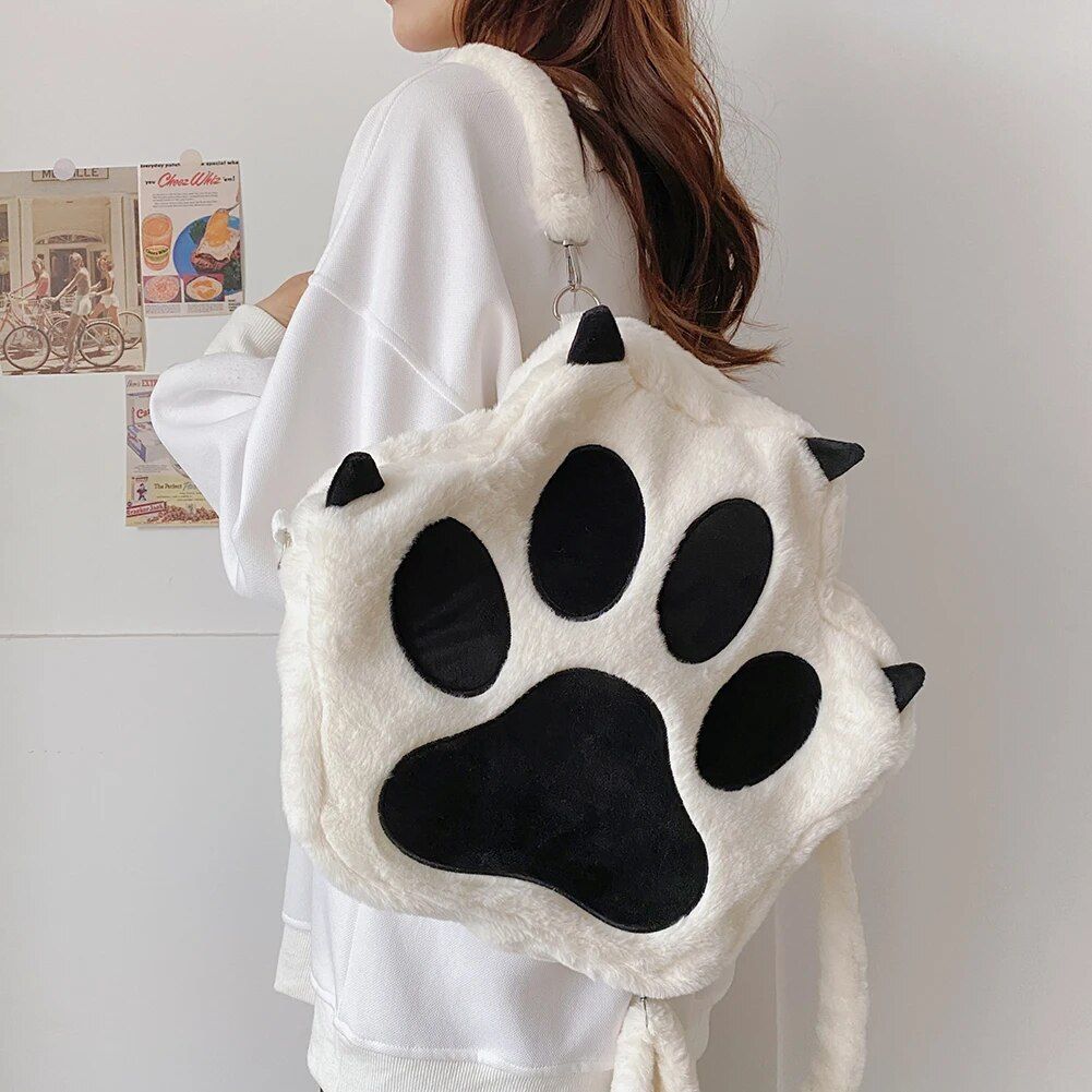 Cute Kawaii Cat Paw Plush Backpack - Soft Fluffy Casual Schoolbag for Girls