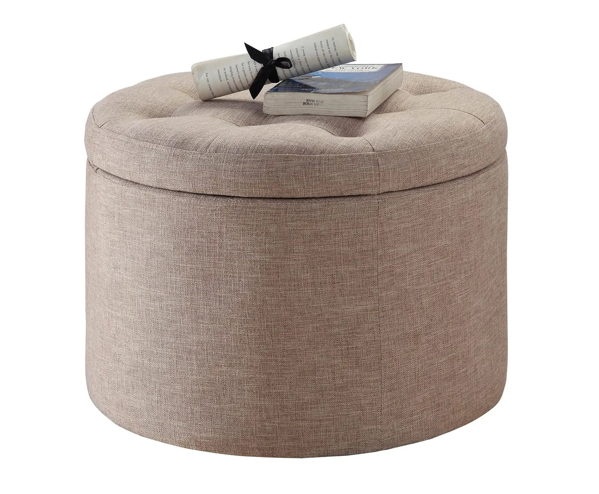 Elegant Tan Fabric Round Ottoman with Shoe Storage and Removable Lid