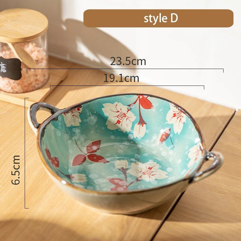 Elegant Floral Ceramic Soup and Salad Bowl with Handle