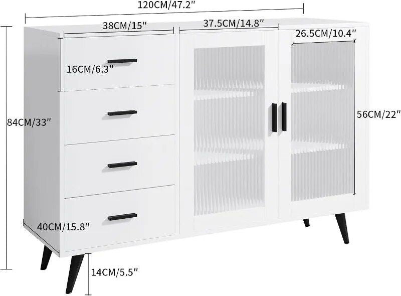 Elegant White Sideboard Buffet Cabinet with Tempered Glass Doors and Adjustable Shelves