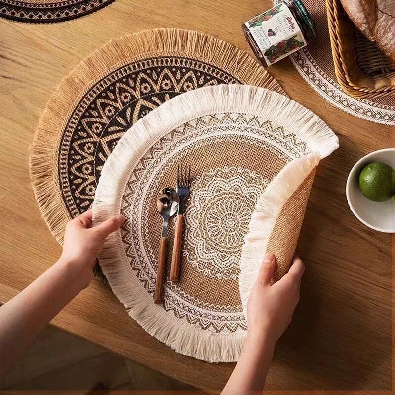 Chic Bohemian 15" Jute Placemat with Pompom Tassel - Eco-Friendly Table Decor