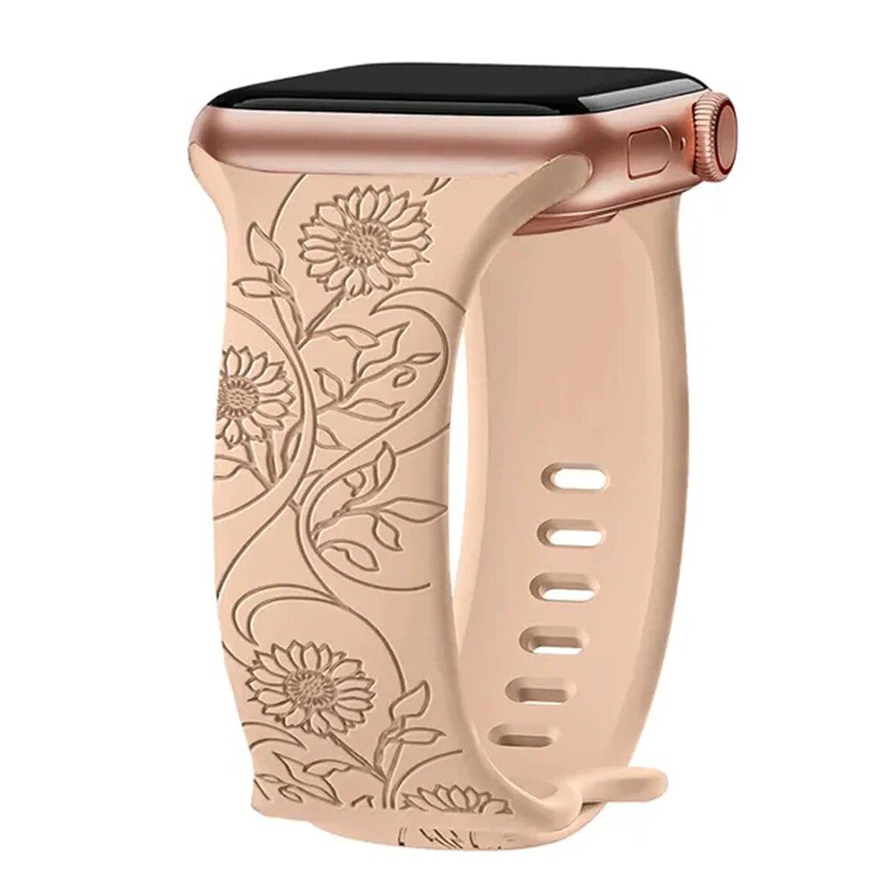 Floral Engraved Silicone Strap for Apple Watch - Fits All Series & Sizes